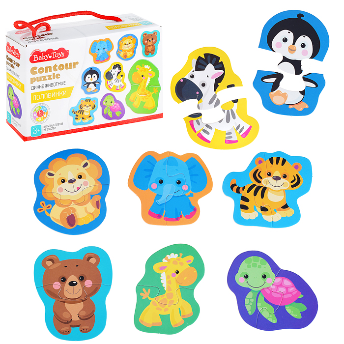 Пазлы контурные Половинки "Дикие животные" Baby Toys