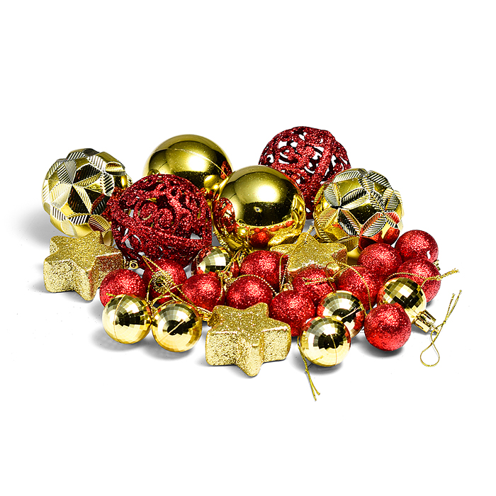 Набор новогодних украшений S2007 "Шарики и звездочки" 3-6см*27шт в пакете