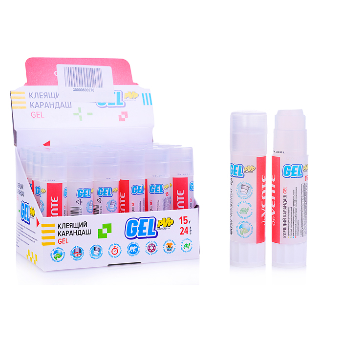 Клеящий карандаш PVP основа "Gel" 15 г, гелевый кристально-прозрачный, в картонном дисплее