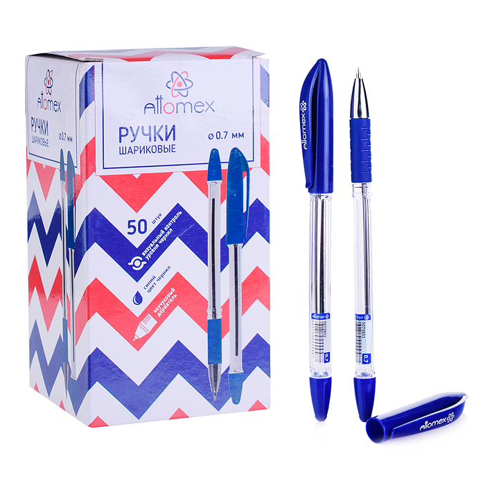Ручка шариковая "Attomex" d=0,7 мм, прозрачный корпус с каучуковым держателем, сменный стержень, инд