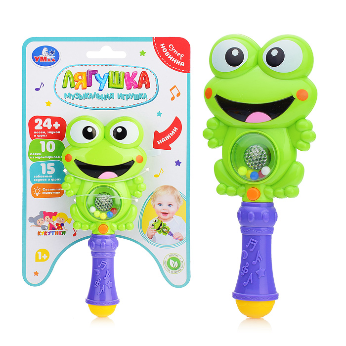 Погремушка Лягушка (24 песен, фраз, звуков, свет. бат.) на картоне Погремушка Лягушка (24 песен, фраз, звуков, свет. бат.) на картоне