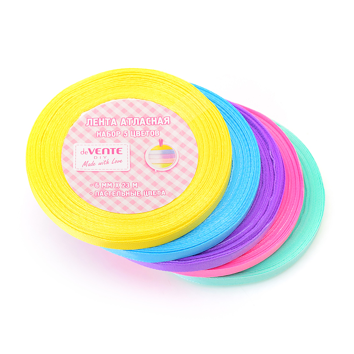 Набор лент декоративных атласных, 6 мм x 23 м, 5 шт, пенополистероловая втулка, в термоусад