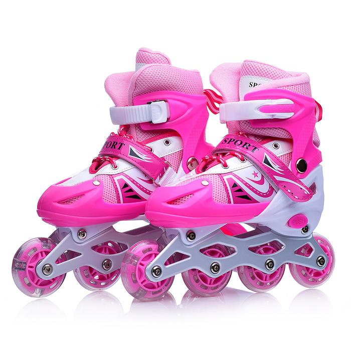 Ролики детские U001744Y (размер M)  розово-белые, PU колёса со светом, в сумке