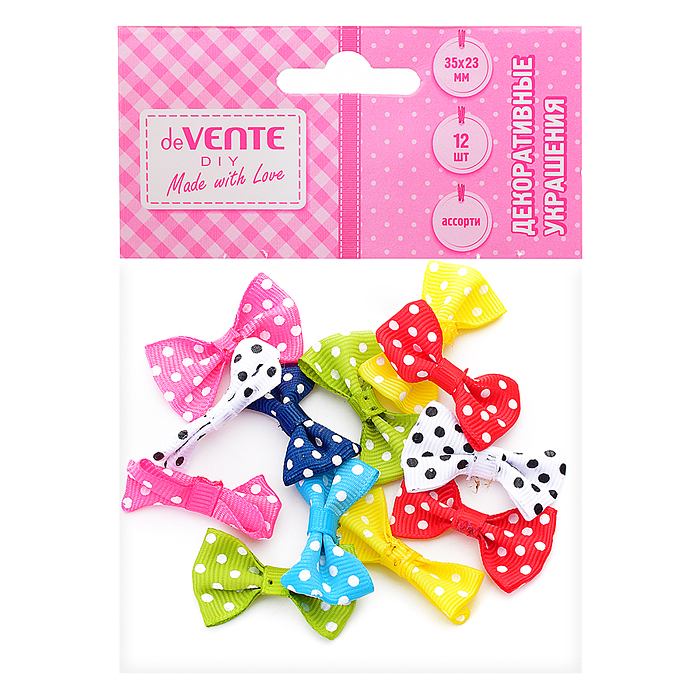 Декоративные украшения "Бантики в горошек" тканевые, размер 35x23 мм, 12 шт ассорти цветов,