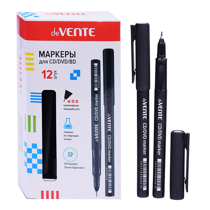 Маркер для компакт-дисков, круглый корпус, капиллярный 0,5 мм наконечник, черный