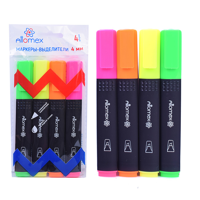Набор маркеров-выделителей "Attomex" (4 цв - желт, зел, оран, роз) плоский корпус с клипом, скошенн