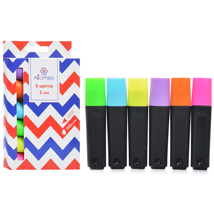 Набор маркеров-выделителей "Attomex" (06 цв. - желт, зел, оранж, роз, гол, сирен) плоский корпус, ск