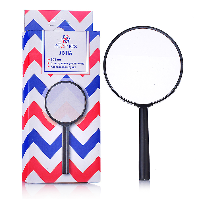 Лупа "Attomex" с пятикратным увеличением d=75 мм, стеклянная линза, пластиковый корпус, в картонной 