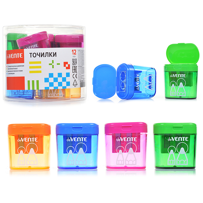 Точилка для карандашей 2 отверстия разных диаметров, с контейнером, пластмассовая, в пласт