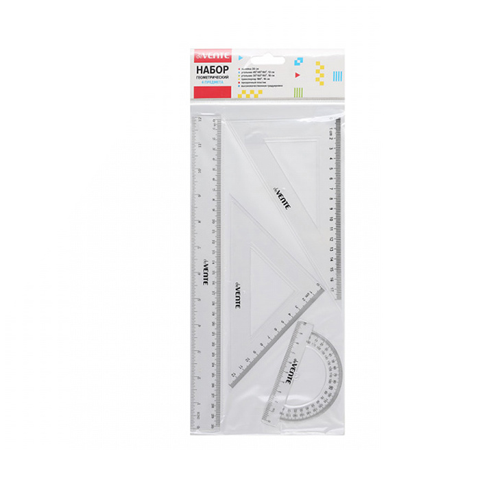 Фото к товару Набор геометрический средний, 4 предмета (линейка 30 см, 2 угольника, транспортир) прозрач Набор геометрический средний, 4 предмета (линейка 30 см, 2 угольника, транспортир) прозрач
