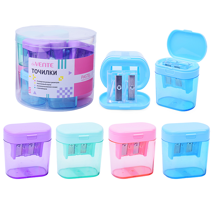 Точилка для карандашей "Pastel" 2 отверстия разных диаметров, с контейнером, пластмассовая,