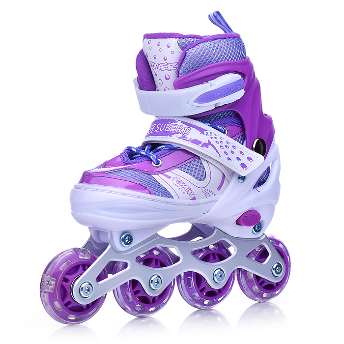 Фото к товару Ролики детские, размер M, фиолетовый (со шлемом и защитным снаряжением) Ролики детские, размер M, фиолетовый (со шлемом и защитным снаряжением)