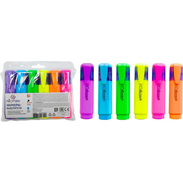 Набор маркеров-выделителей "Attomex" (06 цв - желт, зел, оранж, роз, гол, сирен) плоский корпус с кл