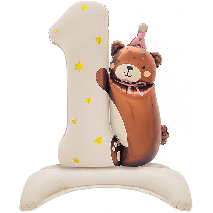 Шар (35''/89 см) Цифра на подставке, 1 Годик, Мишка в розовом колпачке, Бежевый, 1 шт. в уп.