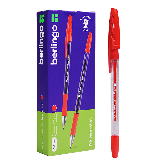 Ручка гелевая "Tribase Gel grip" красная, 0,5мм, грип 