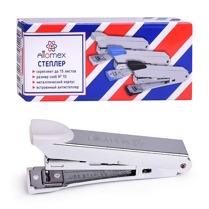Степлер "Attomex" № 10 (мощность 15 листов, глубина скрепления 35 мм) металлический, со встроенным м