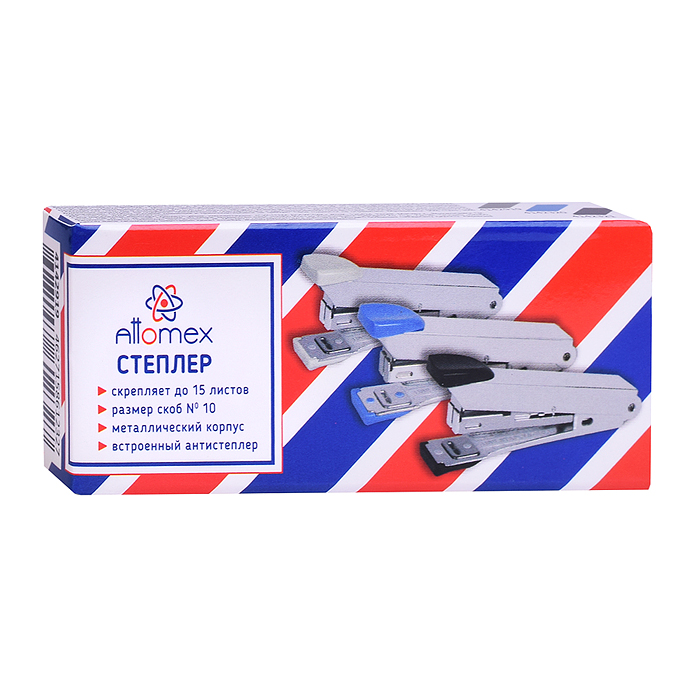 Степлер "Attomex" № 10 (мощность 15 листов, глубина скрепления 35 мм) металлический, со встроенным м