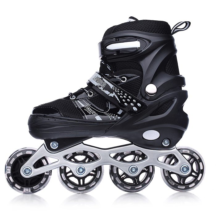 Фото к товару Ролики детские, размер M, черные (со шлемом и защитным снаряжением) Ролики детские, размер M, черные (со шлемом и защитным снаряжением)