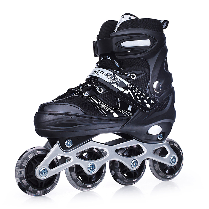 Фото к товару Ролики детские, размер M, черные (со шлемом и защитным снаряжением) Ролики детские, размер M, черные (со шлемом и защитным снаряжением)