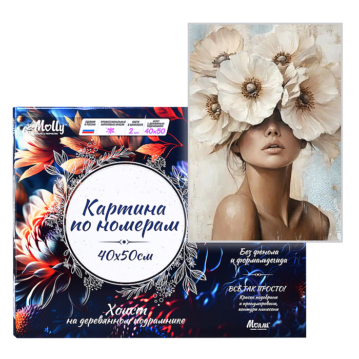 Картина по номерам 40х50 "Девушка в цветах анемонов" с поталью платина (15 цветов)
