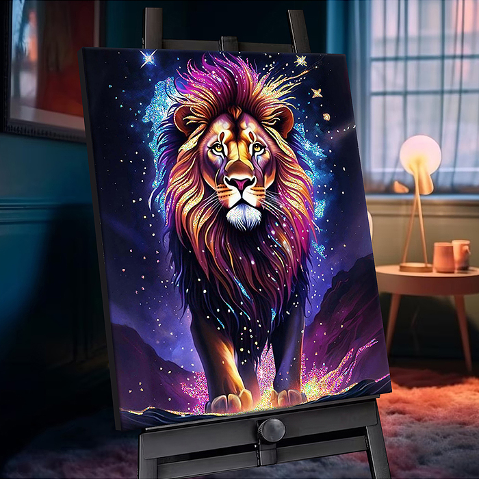 Картина по номерам 40х50 "Космический лев" с кристаллами из хрусталя чёрный холст (17 цветов)