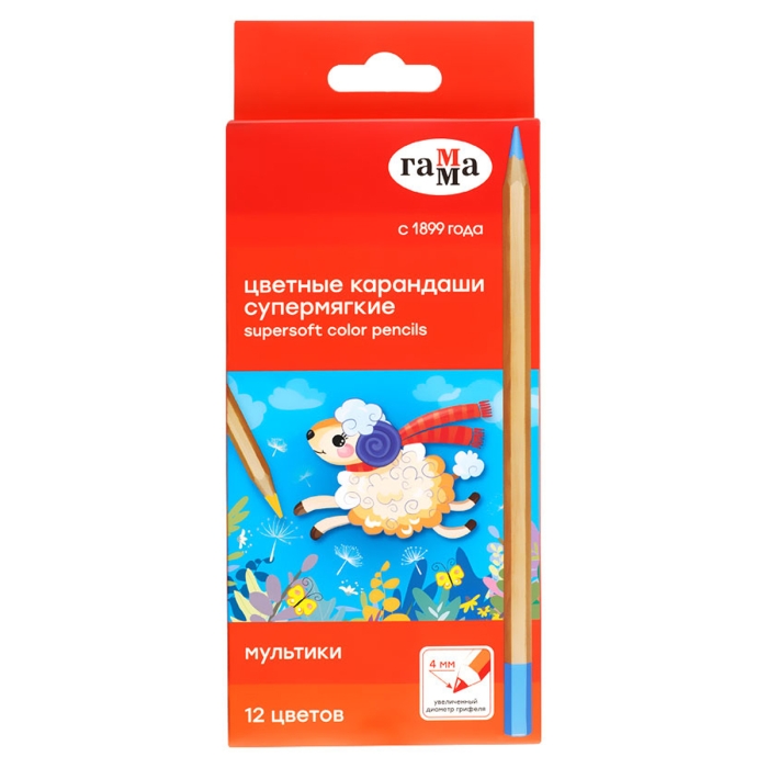 Карандаши цветные "Гамма" 12цв., супермягкие, увелич. диаметр грифеля 4,0мм, заточен., кар