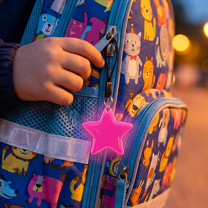 Брелок виниловый "Safe mode Звезда" 60x60 мм, световозвращающий розовый, в пластиковом паке