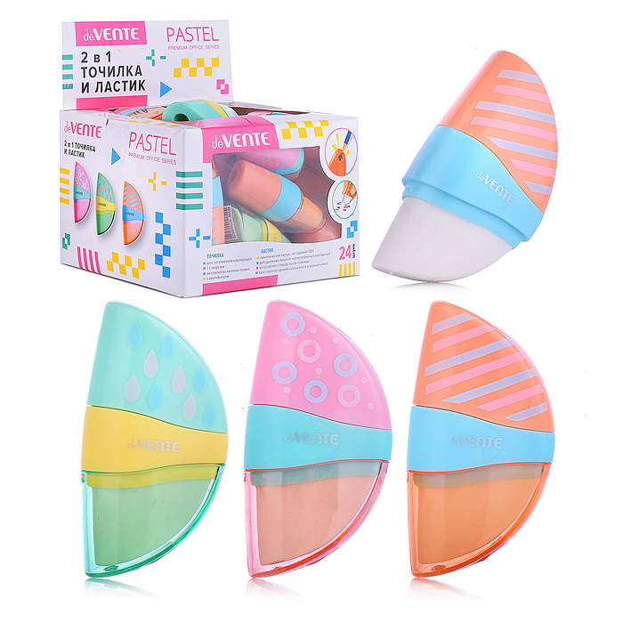 Точилка и ластик 2 в 1 "Pastel" 1 отверстие, пластиковая цветная с небольшим контейнером, л