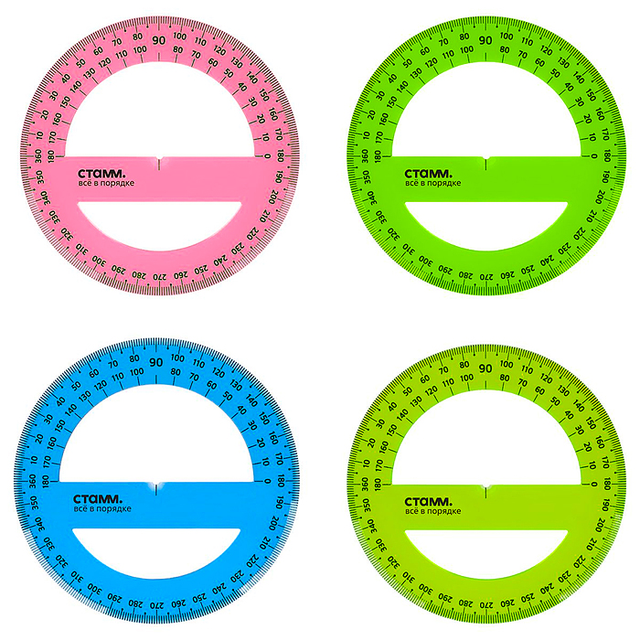 Транспортир 10см, 360° пластиковый, прозрачный, неоновые цвета, ассорти 