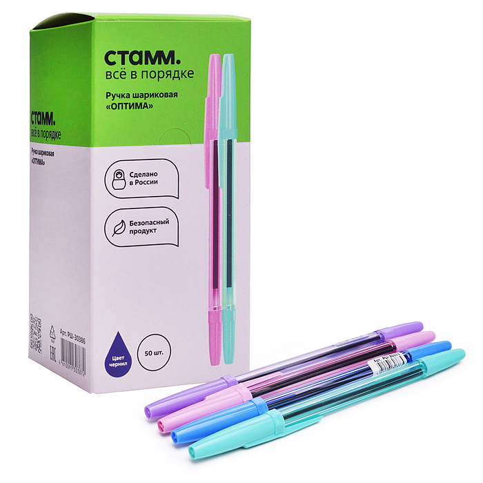 Ручка шариковая "Оптима" синяя, 1,0мм, пастель микс 