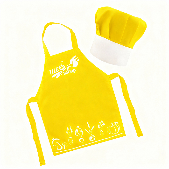 Фото к товару Набор "Шеф-повар" (20 предметов) (фартук, колпак,посуда) желтый Набор "Шеф-повар" (20 предметов) (фартук, колпак,посуда) желтый