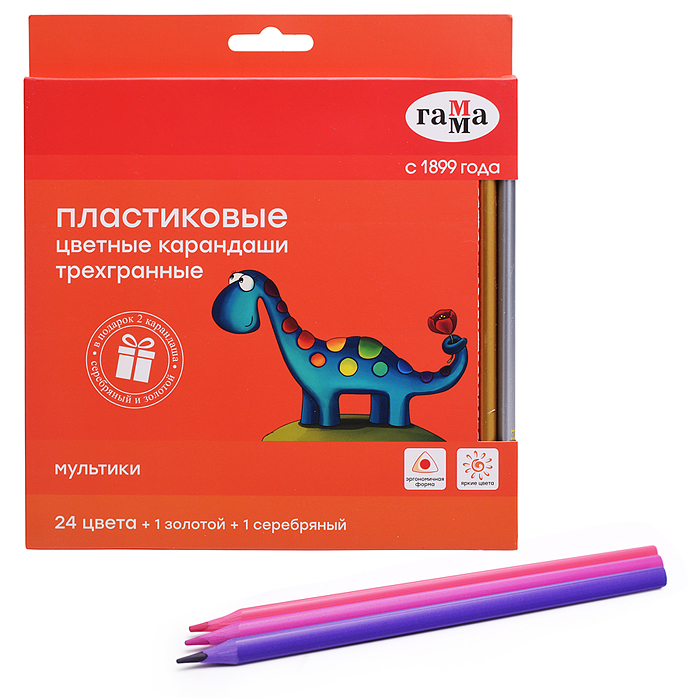 Карандаши цветные "Гамма" 24цв.+1 золотой +1 серебряный, пластиковые, трехгранные, заточенные
