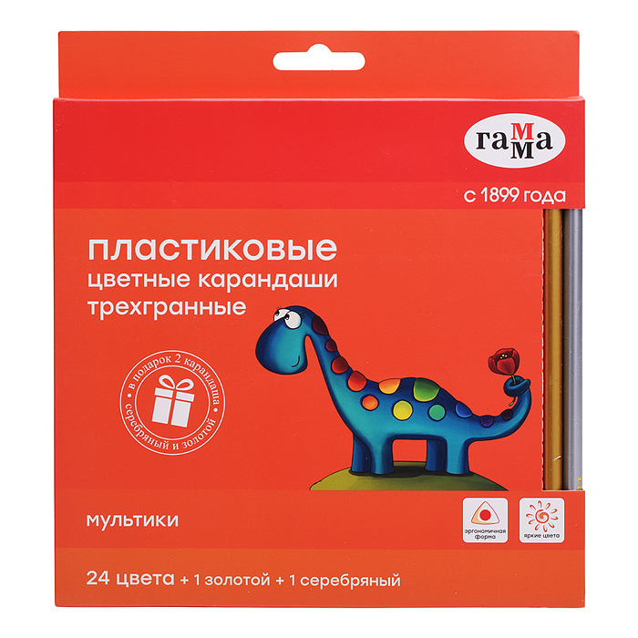 Фото к товару Карандаши цветные "Гамма" 24цв.+1 золотой +1 серебряный, пластиковые, трехгранные, заточенные Карандаши цветные "Гамма" 24цв.+1 золотой +1 серебряный, пластиковые, трехгранные, заточенные