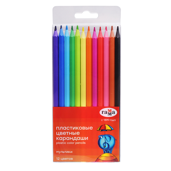 Карандаши цветные "Гамма" 12цв., пластиковые, заточенные, ПВХ, европодвес 