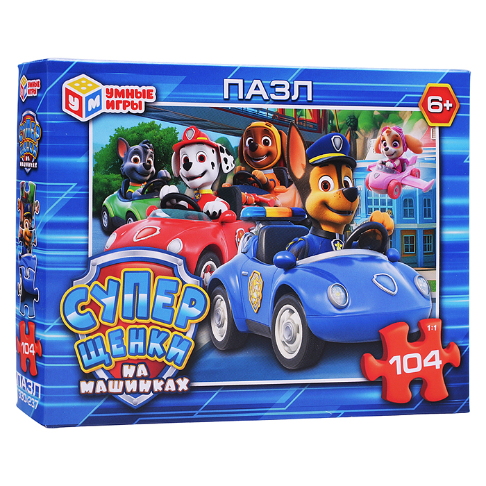 Пазлы 104 "Суперщенки в машинках"