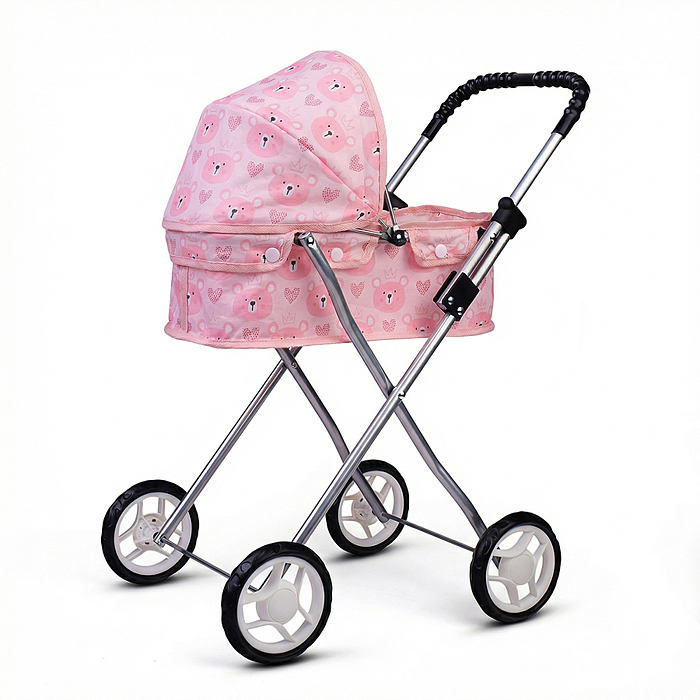 Коляская кукольная 9320 прогулочная, металлическая, складная, принт мишки