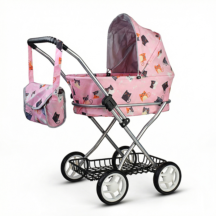 Коляская кукольная 9325B прогулочная,металлическая, складная, с корзиной и сумкой, принт коты