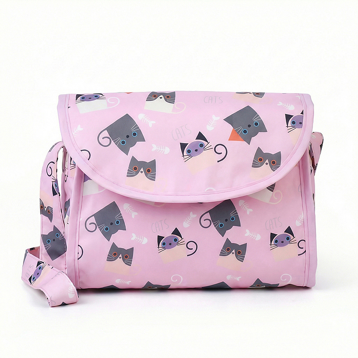 Коляская кукольная 9325B прогулочная,металлическая, складная, с корзиной и сумкой, принт коты