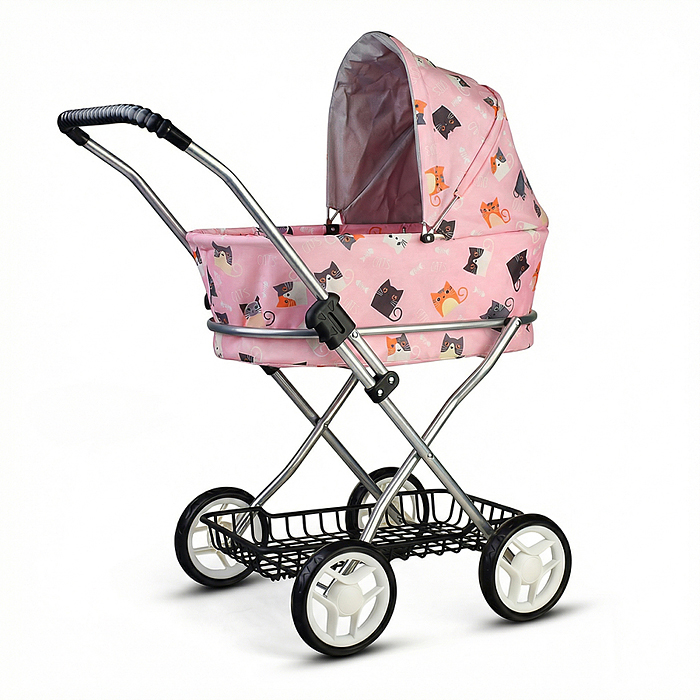 Коляская кукольная 9325B прогулочная,металлическая, складная, с корзиной и сумкой, принт коты