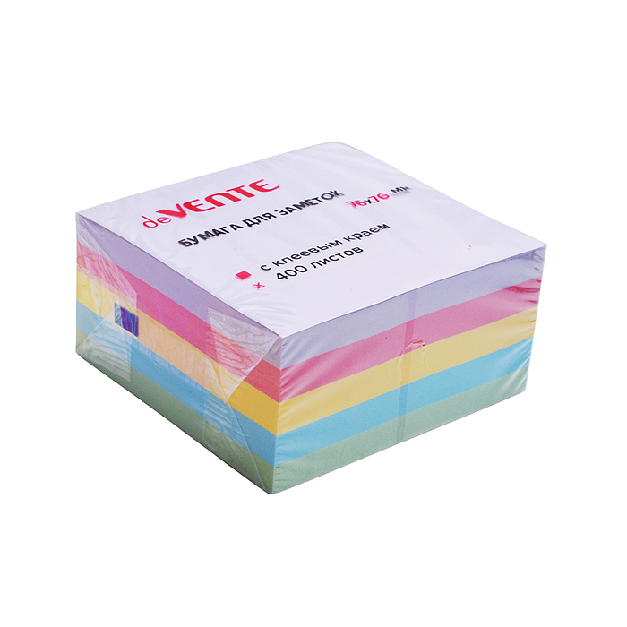 Клейкая бумага для заметок 76x76 мм, 400 листов, офсет 75 г/м², 4 пастельных цвета и белый