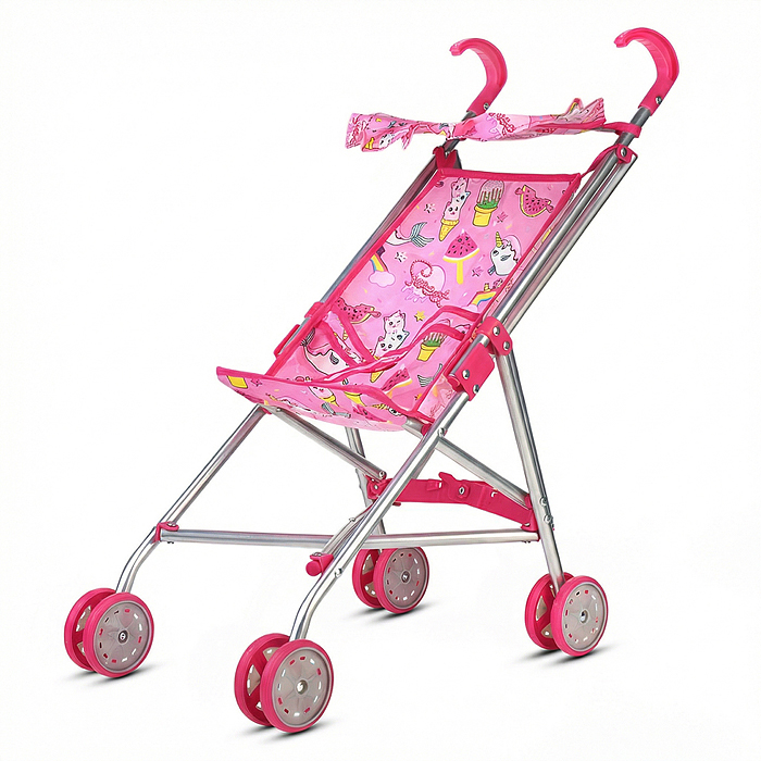 Коляская кукольная 9302S трость с крышей, металлическая, принт розовый мир