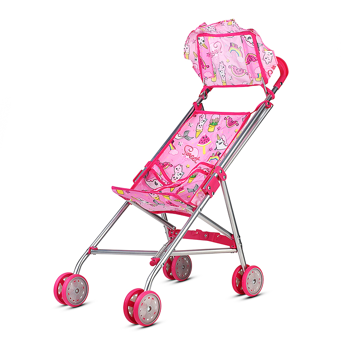 Коляская кукольная 9302S трость с крышей, металлическая, принт розовый мир
