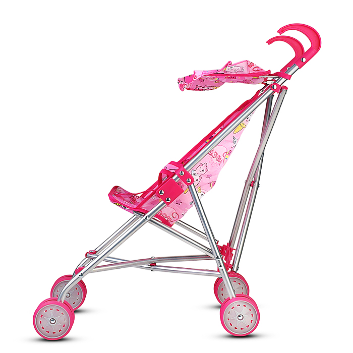 Коляская кукольная 9302S трость с крышей, металлическая, принт розовый мир