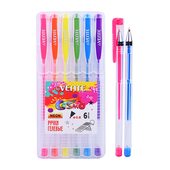 Набор ручек гелевых 6 флуоресцентных неоновых цветов, d=0,8 мм, прозрачный ко