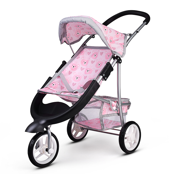 Коляская кукольная 9614 металлическая, 3-х колесная, с корзиной, козырьком и столиком
