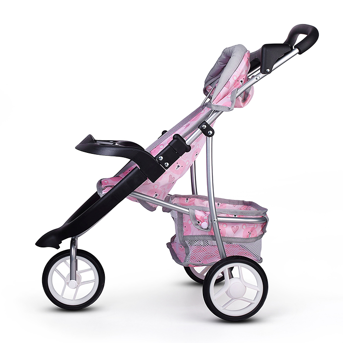 Коляская кукольная 9614 металлическая, 3-х колесная, с корзиной, козырьком и столиком