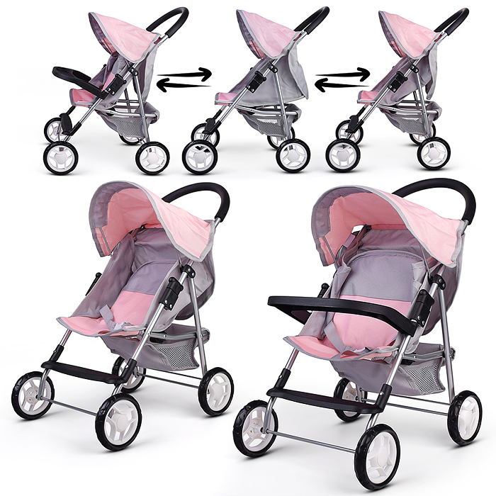 Коляская кукольная 9617 металлическая, с корзиной, столиком и козырьком