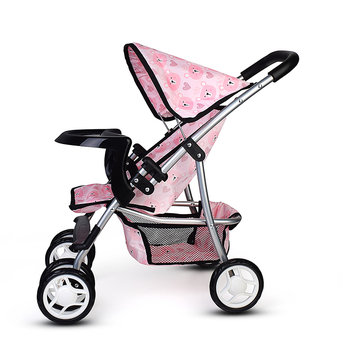 Коляская кукольная 9304BW-T металлическая, со столиком, корзиной и козырьком, принт мишки