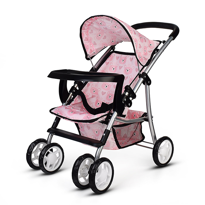 Коляская кукольная 9304BW-T металлическая, со столиком, корзиной и козырьком, принт мишки