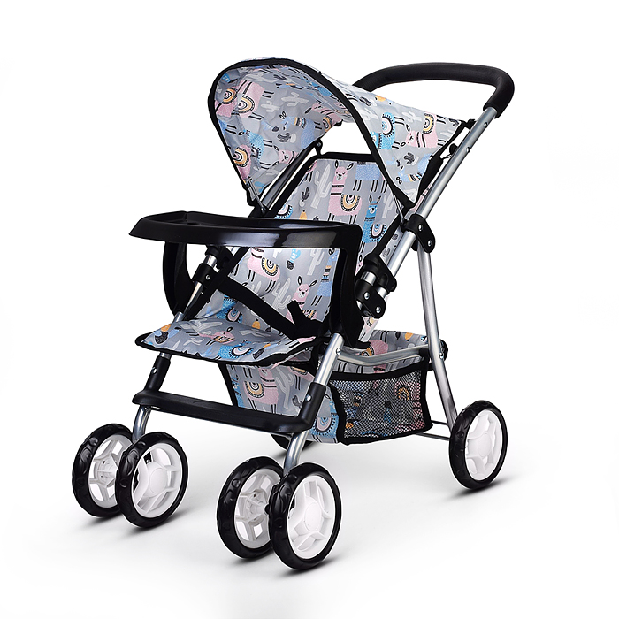 Коляская кукольная 9304BW-T металлическая, с корзиной, столиком и козырьком, принт альпаки